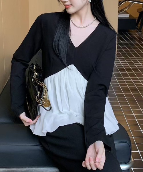 Lace Ladies(レースレディース)の「配色 Vネック ギャザー 裾バルーン セットアップ(セットアップ・レディース・ブラック・FREE)」の5枚目の写真
