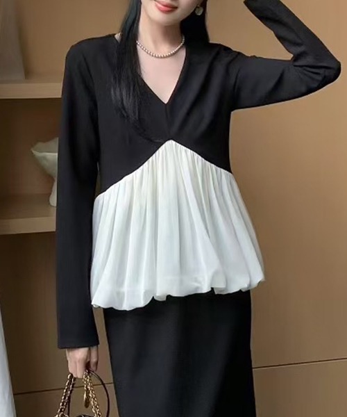 Lace Ladies(レースレディース)の「配色 Vネック ギャザー 裾バルーン セットアップ(セットアップ・レディース・ブラック・FREE)」の6枚目の写真