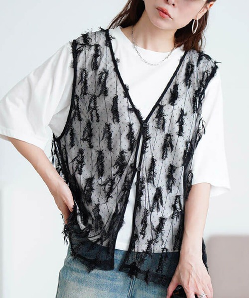 GOLDJAPAN(ゴールドジャパン)の「フリンジベスト&Tシャツ2点セット【大きいサイズ対応】(Tシャツ/カットソー・レディース・ブルー/ブラック・LL/3L/4L/5L)」の1枚目の写真