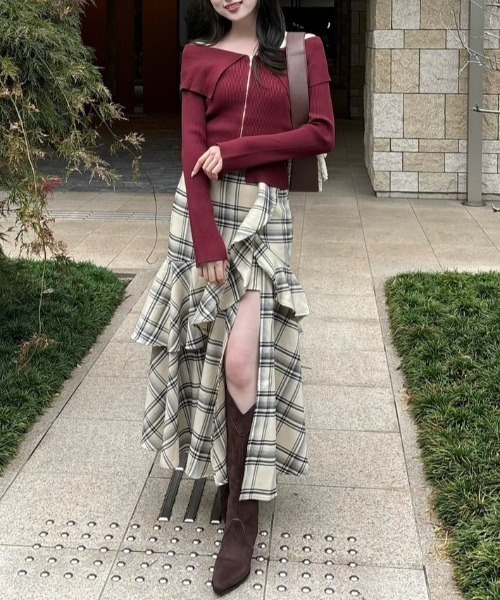 rienda（リエンダ）の「フロントZIPリブニットTOP 秋服 冬服 秋服 冬服（ニット/セーター・レディース・グレー/レッド/ライトブラック・FREE）」の5枚目の写真