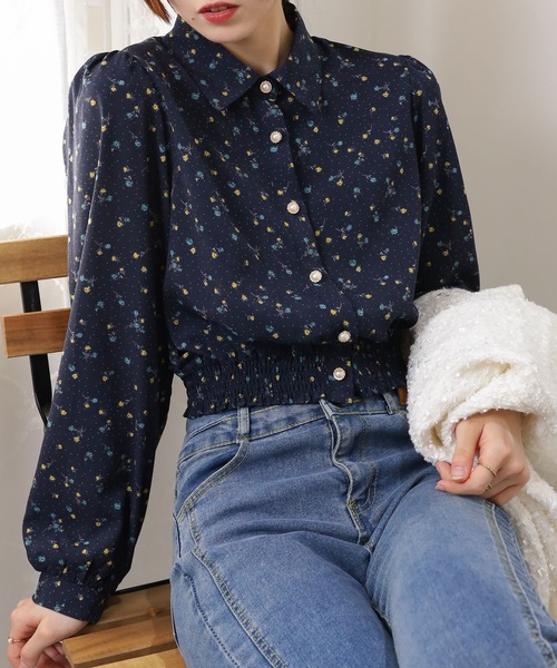 セール】ドット＆花柄 裾シャーリング 長袖 ブラウス（シャツ/ブラウス