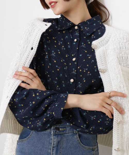セール】ドット＆花柄 裾シャーリング 長袖 ブラウス（シャツ/ブラウス