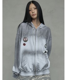 A'GEM/9 × .kom 『NIIER NOR/ニアノア』 DIRTY WASHING HOOD ZIP-UP/スプレー加工 ジップアップパーカー
