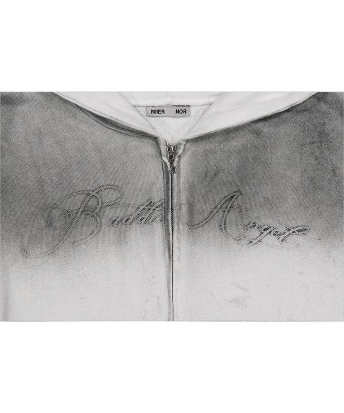 NIIER NOR(ニアノア)の「A'GEM/9 × .kom 『NIIER NOR/ニアノア』 DIRTY WASHING HOOD ZIP-UP/スプレー加工 ジップアップパーカー(パーカー・レディース・チャコールグレー/ホワイト・FREE)」の16枚目の写真