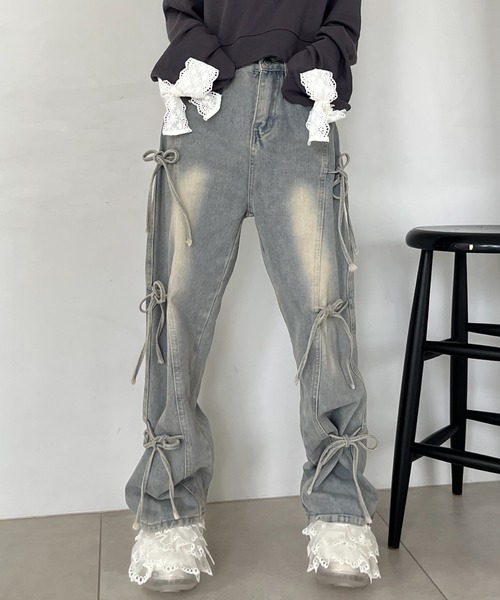 MORE self LOVE（モアセルフラブ）の「リボンデザインデニム（デニムパンツ・レディース・ブルー・FREE）」の10枚目の写真