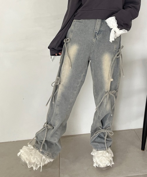 MORE self LOVE（モアセルフラブ）の「リボンデザインデニム（デニムパンツ・レディース・ブルー・FREE）」の9枚目の写真