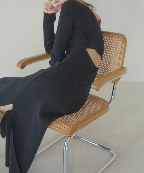 ACYM アーシム　Back open mix knit ニットワンピース　黒 セール】Back open mix knit ワンピース（ワンピース）｜ACYM