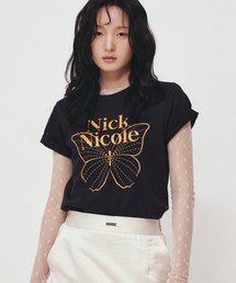 NICK&NICOLE（ニックアンドニコール）の「BUTTERFLY NICOLE LABEL SLIM TOP_BLACK ORANGE（Tシャツ/カットソー・メンズ）」