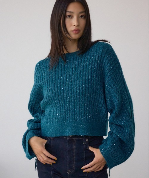 AZUL by moussy(アズールバイマウジー)の「ドロストリングスパンコールラメニット(ニット/セーター・レディース・オフホワイト/ブラック/ライトグレー/ダークブルー・FREE)」の4枚目の写真