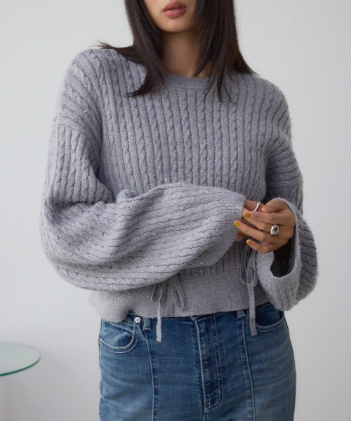 AZUL by moussy(アズールバイマウジー)の「ドロストリングスパンコールラメニット(ニット/セーター・レディース・オフホワイト/ブラック/ライトグレー/ダークブルー・FREE)」の3枚目の写真