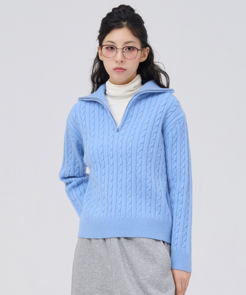 19ss ジップニット s レディースケーブルハーフジップスウェット-スカイブルー（ニット