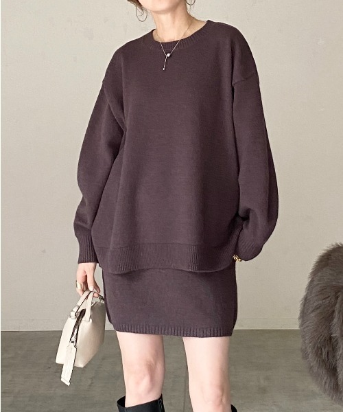She's Closet(シーズクローゼット)の「ボリュームスリーブ長袖オーバーサイズニット&ミニスカートセットアップ(セットアップ・レディース・ブラウン/ベージュ/グレー/ブラック・FREE)」の3枚目の写真