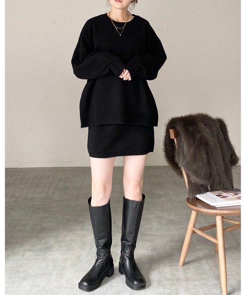 She's Closet(シーズクローゼット)の「ボリュームスリーブ長袖オーバーサイズニット&ミニスカートセットアップ(セットアップ・レディース・ブラウン/ベージュ/グレー/ブラック・FREE)」の7枚目の写真