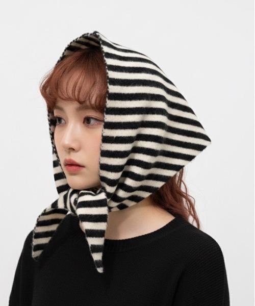セール】【HIKA】ボーダー三角WOOLニットスカーフ／バンダナ（バンダナ
