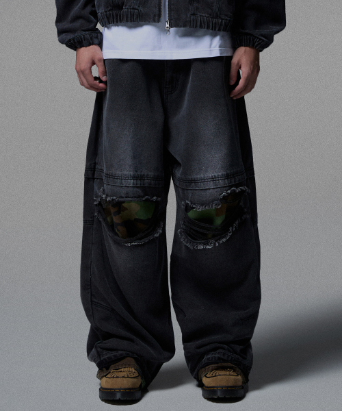 NOT4NERD(ノットフォーナード)の「Camo Patch Work Layered Denim Pants - Black(デニムパンツ・レディース・その他・LARGE/X-LARGE)」の1枚目の写真