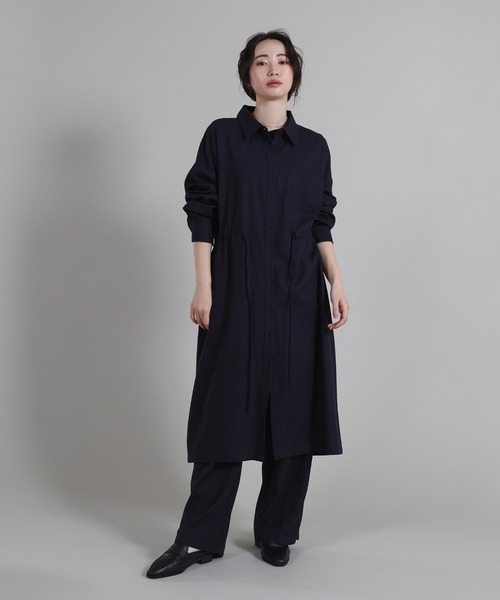 select MOCA Et(セレクトモカエト)の「【Et】Linen-blend Waist Drawstring Shirt Dress(シャツワンピース・レディース・ネイビー/ダークグレー・FREE)」の1枚目の写真