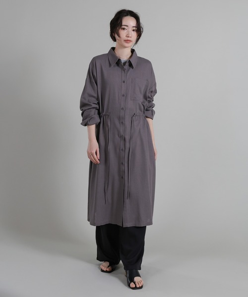 select MOCA Et(セレクトモカエト)の「【Et】Linen-blend Waist Drawstring Shirt Dress(シャツワンピース・レディース・ネイビー/ダークグレー・FREE)」の3枚目の写真