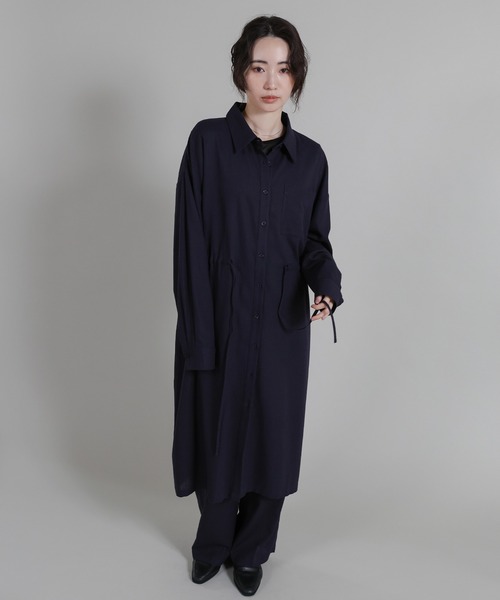 select MOCA Et(セレクトモカエト)の「【Et】Linen-blend Waist Drawstring Shirt Dress(シャツワンピース・レディース・ネイビー/ダークグレー・FREE)」の21枚目の写真