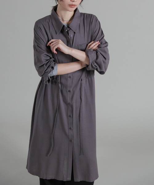 select MOCA Et(セレクトモカエト)の「【Et】Linen-blend Waist Drawstring Shirt Dress(シャツワンピース・レディース・ネイビー/ダークグレー・FREE)」の5枚目の写真