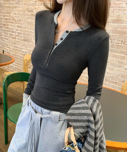 WESTSEA(ウエストシー)の「バイカラー 配色切替 長袖 ショート丈 ヘンリーネックトップス 薄手(Tシャツ/カットソー・レディース・ブラック/ワイン/ブラウン・FREE)」の8枚目の写真