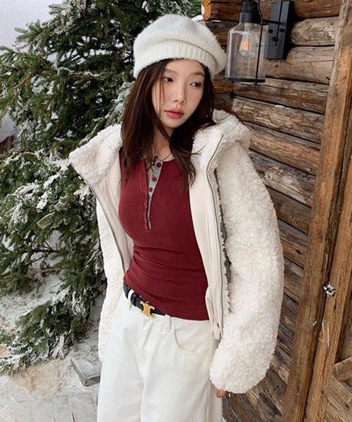 WESTSEA(ウエストシー)の「バイカラー 配色切替 長袖 ショート丈 ヘンリーネックトップス 薄手(Tシャツ/カットソー・レディース・ブラック/ワイン/ブラウン・FREE)」の18枚目の写真