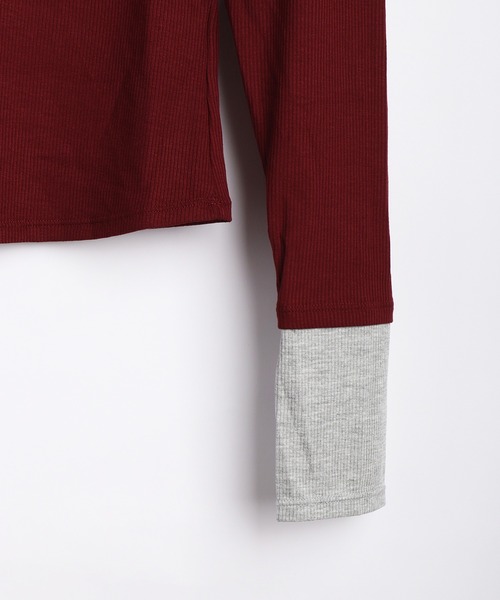 WESTSEA(ウエストシー)の「バイカラー 配色切替 長袖 ショート丈 ヘンリーネックトップス 薄手(Tシャツ/カットソー・レディース・ブラック/ワイン/ブラウン・FREE)」の22枚目の写真