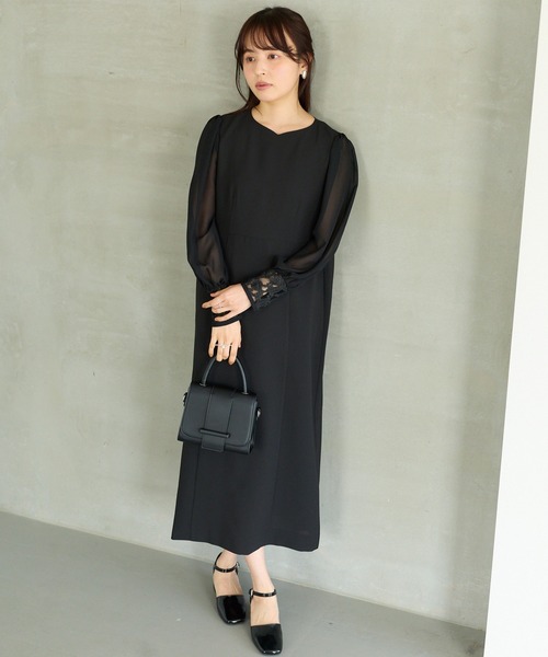 LAVEANGE(ラビアンジェ)の「シアースリーブ切替ワンピース│一枚で華やぐ/上品見え/ロングワンピース/オケージョン/洗える/レース/セレモニー(ドレス・レディース・モカ/ブラック・M/LL/3L/4L/5L)」の5枚目の写真