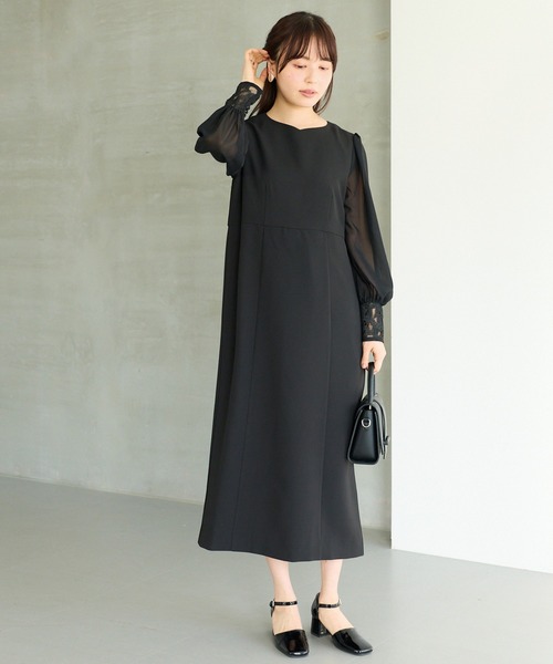 LAVEANGE(ラビアンジェ)の「シアースリーブ切替ワンピース│一枚で華やぐ/上品見え/ロングワンピース/オケージョン/洗える/レース/セレモニー(ドレス・レディース・モカ/ブラック・M/LL/3L/4L/5L)」の6枚目の写真