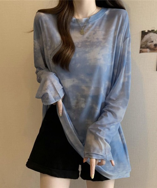 lulufa(ルルファ)の「タイダイ マーブルプリント シアー 長袖トップス(Tシャツ/カットソー・レディース・ブラック/ブラウン/ブルー・MEDIUM/LARGE)」の1枚目の写真