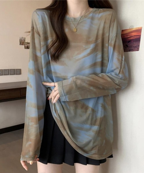 lulufa(ルルファ)の「タイダイ マーブルプリント シアー 長袖トップス(Tシャツ/カットソー・レディース・ブラック/ブラウン/ブルー・MEDIUM/LARGE)」の9枚目の写真