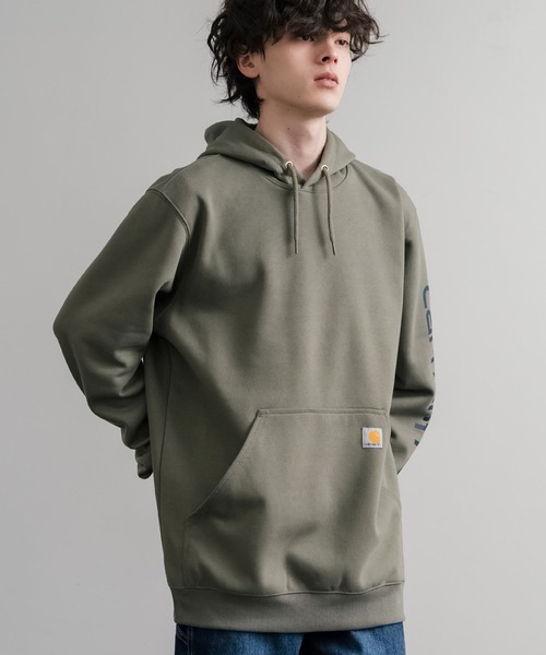 Carhartt(カーハート)の「Carhartt カーハート Midweight Logo Sleeve Graphic Sweatshirt/ロゴスリーブミッドウエイトプルオーバーパーカー(パーカー・メンズ・オリーブ/ヘザーグレー/ブラック/ワインレッド/オフホワイト/キャメル/チャコール/ネイビー・XL/L/M/S)」の11枚目の写真
