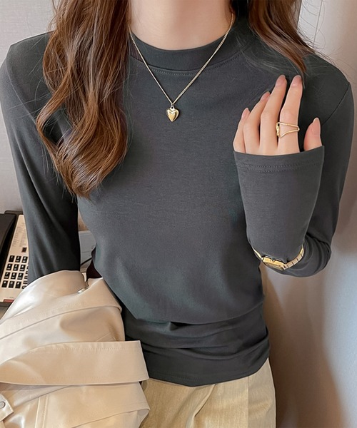 blackdia ocean(ブラックダイヤオーシャン)の「blackdia ocean モダール モックネック カットソー(Tシャツ/カットソー・レディース・ホワイト/ブラック/アイボリー/ライトカーキ/ダークグレー/モカ・MEDIUM/SMALL)」の4枚目の写真