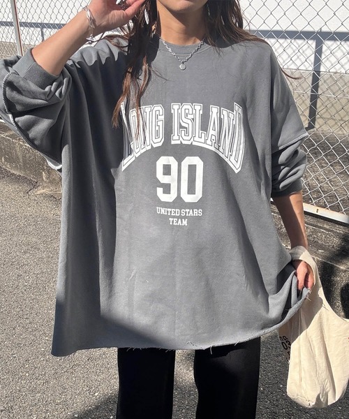 ISOOK（アイスー）の「ロゴプリントステッチオーバースウェット(chiica select) / 長袖 クルーネック ラウンドネック カットソー レタリング ルーズ丈 ビッグシルエット 英字ロゴ チャコール アイボリー（スウェット・レディース・アイボリー/チャコール・FREE）」の3枚目の写真