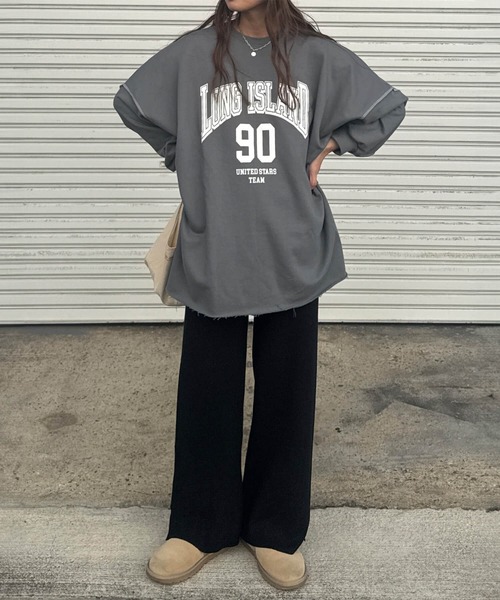 ISOOK（アイスー）の「ロゴプリントステッチオーバースウェット(chiica select) / 長袖 クルーネック ラウンドネック カットソー レタリング ルーズ丈 ビッグシルエット 英字ロゴ チャコール アイボリー（スウェット・レディース・アイボリー/チャコール・FREE）」の8枚目の写真