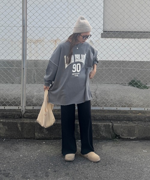 ISOOK（アイスー）の「ロゴプリントステッチオーバースウェット(chiica select) / 長袖 クルーネック ラウンドネック カットソー レタリング ルーズ丈 ビッグシルエット 英字ロゴ チャコール アイボリー（スウェット・レディース・アイボリー/チャコール・FREE）」の9枚目の写真