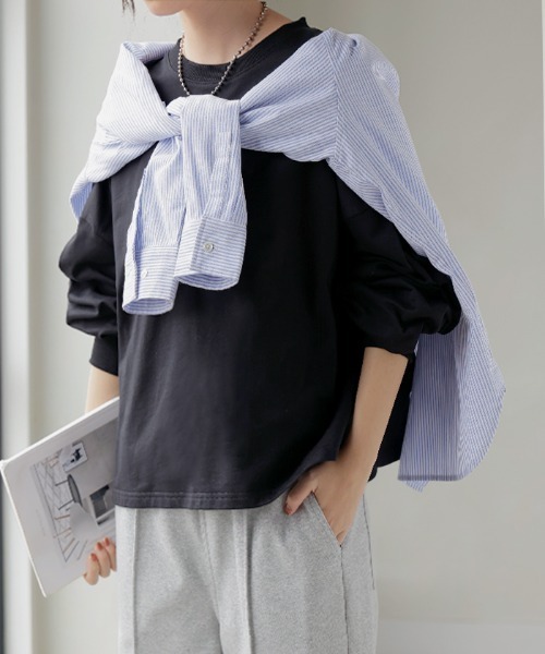 HUG.U(ハグユー)の「Tシャツ以上スウェット未満。 "ティート" 綿100% プルオーバー(Tシャツ/カットソー・レディース・グリーン/ライトグレー/ピンク/ホワイト/ブラック/ブルー/グレー/オレンジ/レッド/ブラウン・FREE)」の3枚目の写真