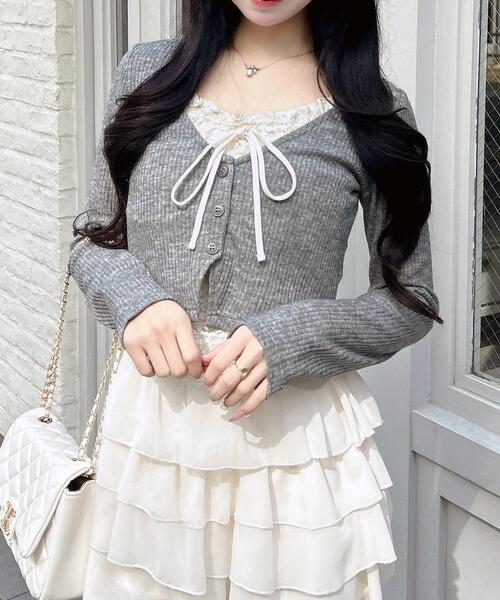 INGNI（イング）の「レースレイヤードカーデトップス（Tシャツ/カットソー・レディース・ブラック/ライトベージュ/グレー・M）」の6枚目の写真