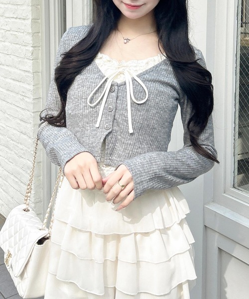 INGNI（イング）の「レースレイヤードカーデトップス（Tシャツ/カットソー・レディース・ブラック/ライトベージュ/グレー・M）」の14枚目の写真