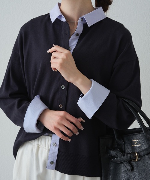 PUAL CE CIN（ピュアルセシン）の「ブラウスレイヤード風カーディガン（カーディガン/ボレロ・レディース・ライトグレー/ネイビー・FREE）」の2枚目の写真