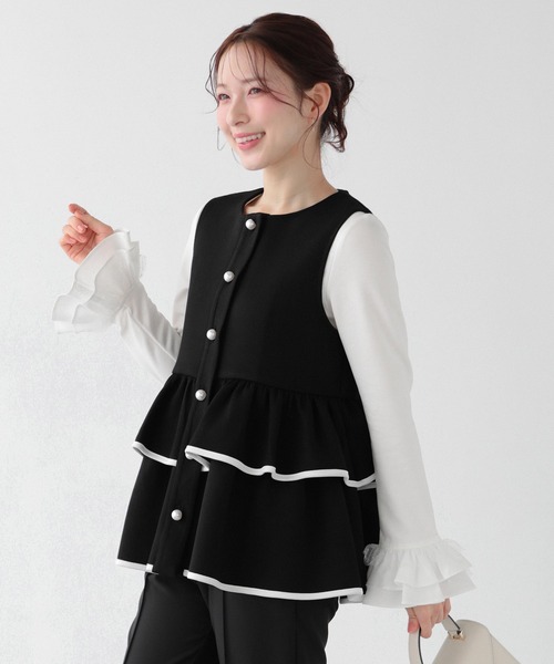 チュールフリルスリーブバックジップカットソー（Tシャツ/カットソー