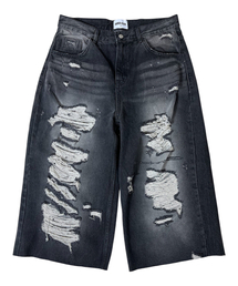 Destroyed Denim Cropped Wide Pants ((black))