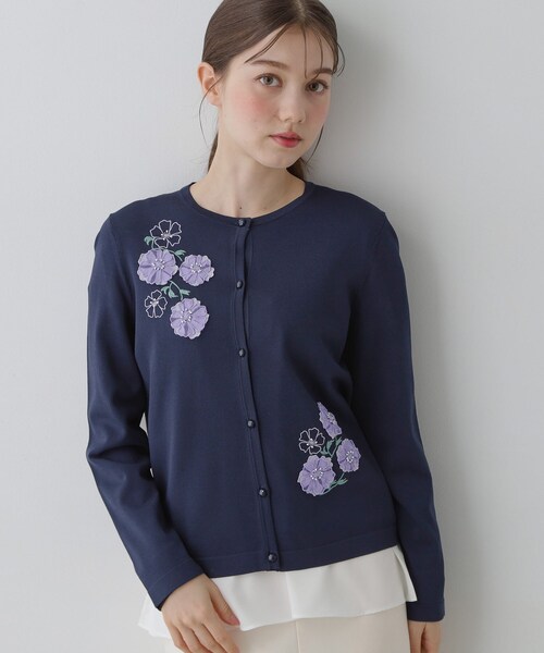 SS～Lサイズ展開／フラワー刺繍】クラフトニットカーディガン