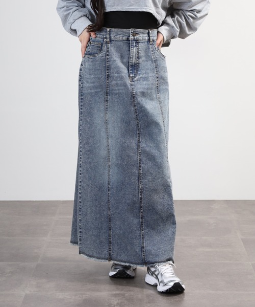 hunch(ハンチ)の「hunch 9.5オンス ストレッチデニムスカート(デニムスカート・レディース・ブルー/クリーム/ライトインディゴブルー・FREE)」の2枚目の写真