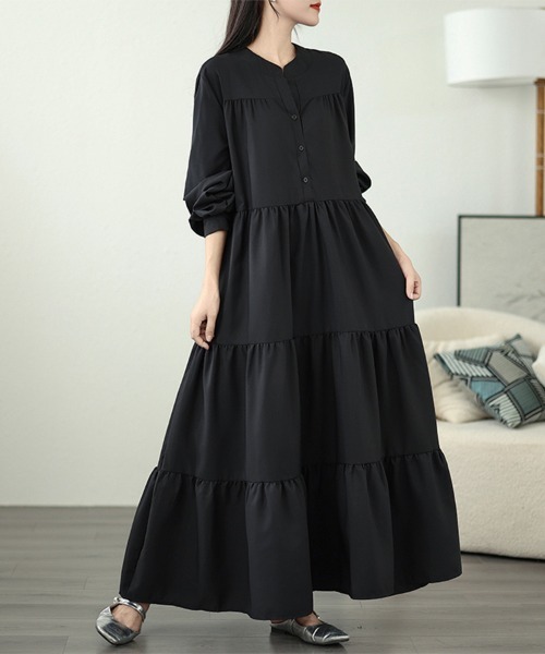 ONEP STAR（ワンピスター）の「ティアードロングシャツワンピース（シャツワンピース・レディース・ブラック・LARGE/MEDIUM/X-LARGE）」の2枚目の写真