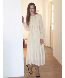Pintuck Button Long Dress, Cream