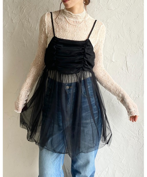 She's Closet(シーズクローゼット)の「シアーレイヤード バックリボン ペプラ ムチュールキャミソール チュニック(キャミソール・レディース・グレー/アイボリー/ブラック・FREE)」の7枚目の写真