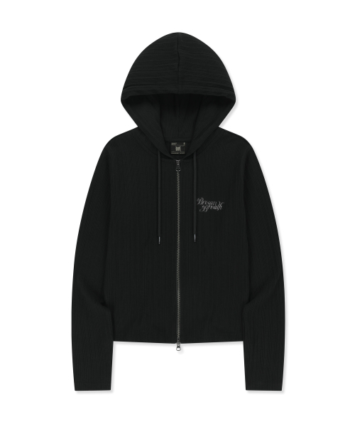 W SLIM FIT RIB HOOD ZIP‑UP — BLACK
