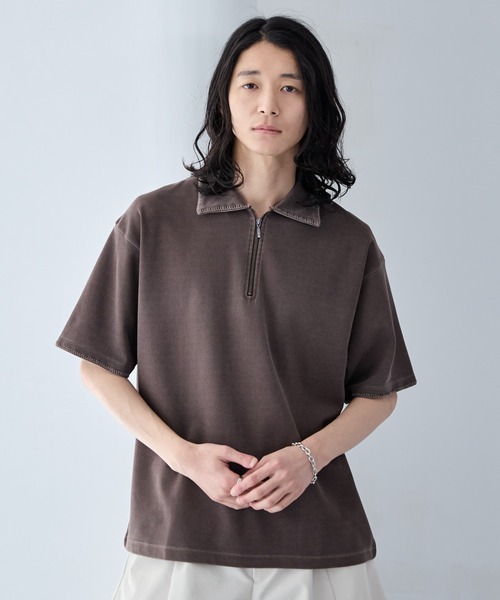 RAGEBLUE（レイジブルー）の「Pigment Half Zip T-Shirt / ピグメント加工/ハンドステッチハーフジップTシャツ（Tシャツ/カットソー・メンズ・オフホワイト/ブルー/その他19/ダークブラウン・SMALL/LARGE/MEDIUM）」の2枚目の写真