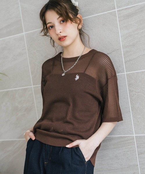 U.S. POLO ASSN.(ユーエスポロアッスン)の「U.S. POLO ASSN. ユーエスポロアッスン W's ワンポイントロゴ刺繍透かし編み半端袖プルオーバーニット(ニット/セーター・レディース・オフホワイト/ブラウン/ピンク/ブラック・M/L)」の3枚目の写真