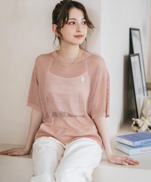 U.S. POLO ASSN.(ユーエスポロアッスン)の「U.S. POLO ASSN. ユーエスポロアッスン W's ワンポイントロゴ刺繍透かし編み半端袖プルオーバーニット(ニット/セーター・レディース・オフホワイト/ブラウン/ピンク/ブラック・M/L)」の4枚目の写真